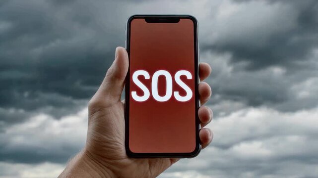 A person holds a smartphone displaying an SOS signal against a background of dark, stormy clouds.