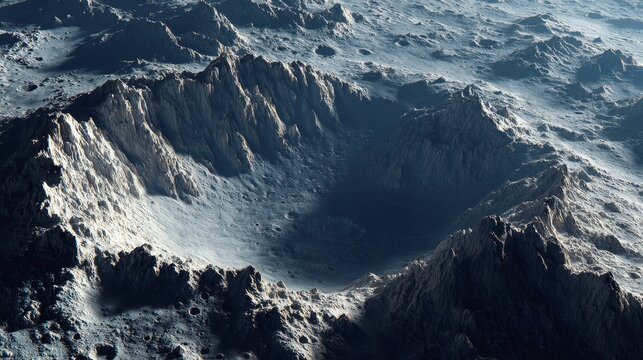 Low poly lunar crater illustration with rugged terrain, rocky textures, gray dusty surface, subtle ridges and craters, stylized 3D game asset with clean geometry and hard edges