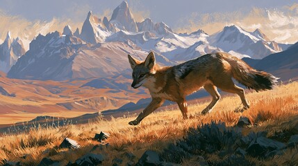Fototapeta premium Patagonian fox runs through Patagonia mountains.