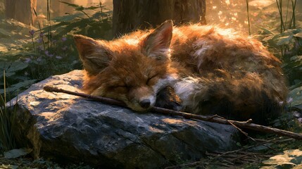 Fototapeta premium Fox cub with a twig rested by a rock in a magical woods.
