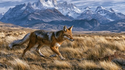 Fototapeta premium Patagonian fox runs through Patagonia mountains.