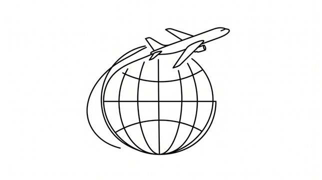 Minimalist line art of a passenger airplane flying around a globe wireframe, international travel and global logistics concept
