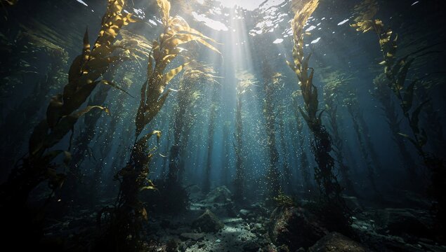 Mystical underwater kelp forest with divine sun rays penetrating deep ocean, dark blue background