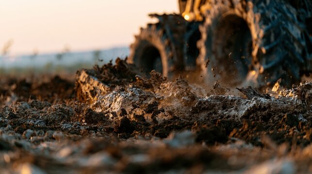 Elegent photo of A close up view of an ATV tire spinning and splashing mud in a field at sunset. This image represents off-road adventure and extreme sports excitement.
