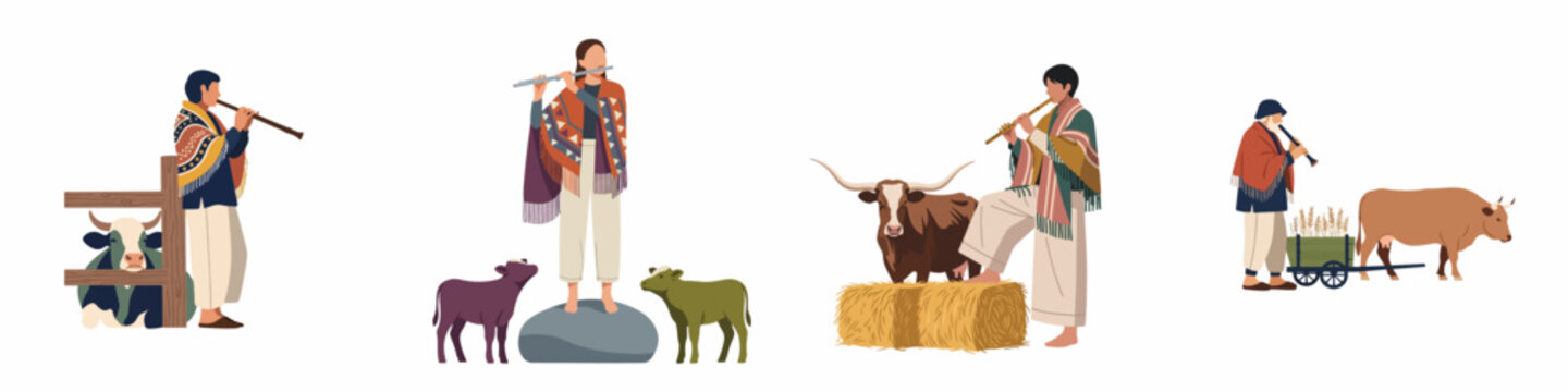 Collection of Andean people in traditional clothing playing flutes and tending to cattle on a farm, isolated on white background.
