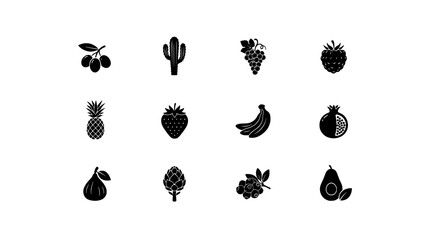 Fototapeta premium Fruits and Plants in Black Silhouette Icons Featuring Fruit, Plant, Icon with Design and Vector Elements for Illustration, Cactus