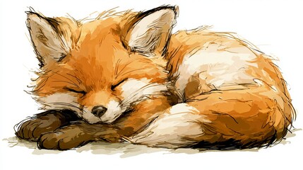 Fototapeta premium Cute young fox rests. Ideal for kids' books, stickers, or as a friendly mascot. This drawing is on a white backdrop.