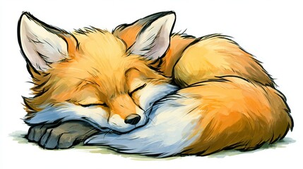 Fototapeta premium Cute young fox rests. Ideal for kids' books, stickers, or as a friendly mascot. This drawing is on a white backdrop.