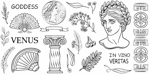 Classical Greek And Roman Elements Black And White Vector Illustration © Hemlata