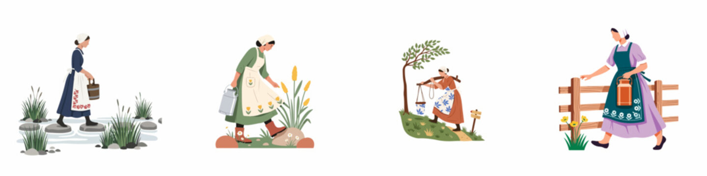 Set of flat vector illustrations depicting women in traditional rural clothing performing various farm tasks like carrying milk cans and water buckets.