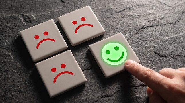 Human hand selecting a green positive smiley face tile among sad red ones indicating customer satisfaction with feedback