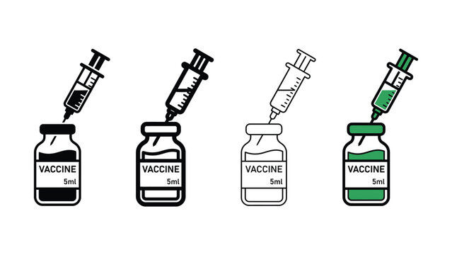 Four vaccine syringe illustrations in varying styles showing injection into a vial line art vector graphics