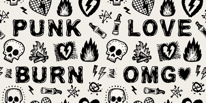 Grunge punk rock sticker pattern element with skulls hearts and lightning bolts