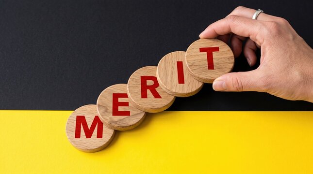 A hand placing a wooden disc with the letter t onto a sequence of letters spelling merit achievement performance