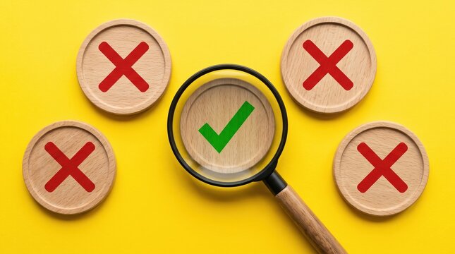 Magnifying glass focusing on correct green checkmark symbol among multiple incorrect red cross signs with magnifying
