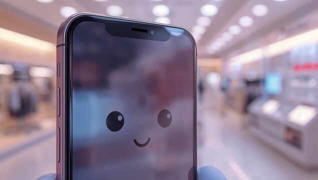 Generative AI depicts a smartphone with a cute animated face in a modern store