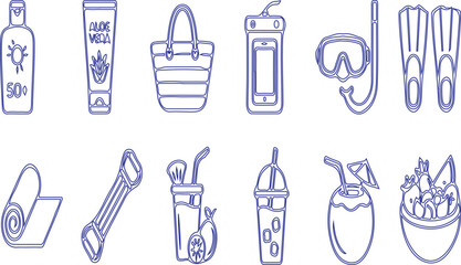 A collection of line art icons depicts various beach and summer vacation essentials, including sunscreen, a beach bag. © Irfan Designer