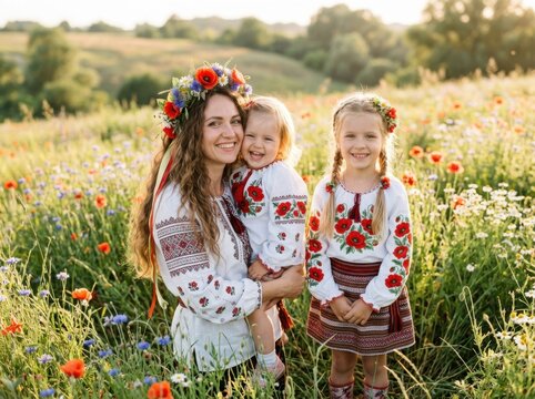 Happy ukrainian mother and two daughters wearing traditional vyshyvanka shirts and flower crowns in a beautiful blooming summer meadow