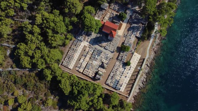 Jelsa cemetery aerial view on hvar island, croatia
