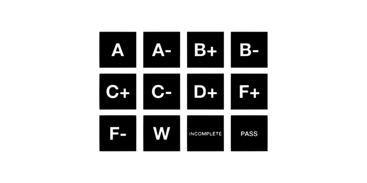 Grade Icons Featuring Letter and Symbol Combinations on Black Squares Featuring Icon, Square, White with Lettering and Education