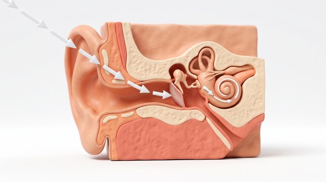 Human ear cross section block showing the canal, ossicles and spiral cochlea