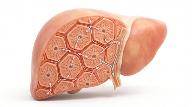 Human liver model showing the hexagonal lobule structure across its surface