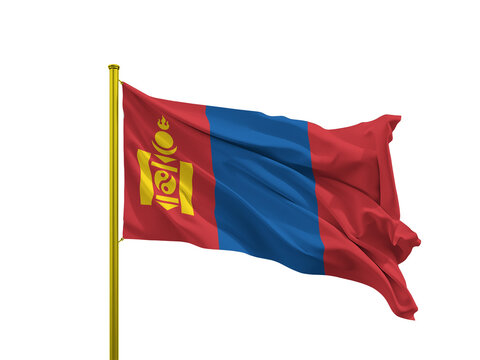 Mongolia flag waving on a golden pole isolated on Transparent Background