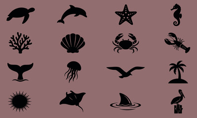 Set of marine life and ocean creature silhouette icons with wildlife creature silhouette starfish seahorse jellyfish collection underwater environment tropical saltwater maritime © tecna