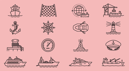 Hand drawn line art maritime and shipping icon set with shipping maritime nautical lighthouse navigation transport logistics illustration collection transportation © tecna