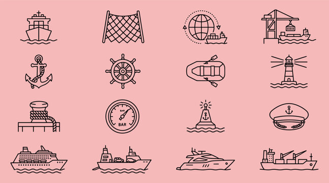 Hand drawn line art maritime and shipping icon set with shipping maritime nautical lighthouse navigation transport logistics illustration collection transportation