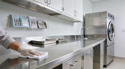 Sterile medical environment with stainless steel surfaces and cleaning supplies © Snide12