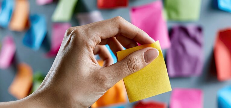 Hand selecting a bright note from a colorful wall of motivational messages for productivity and organization.