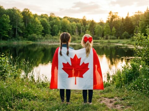 Two young girls wearing a canadian flag like a cape by a lake