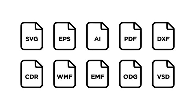 File Icons Representing Various Vector Graphic File Formats Arranged in Two Rows Featuring Icon, Format, Svg with Eps and Ai