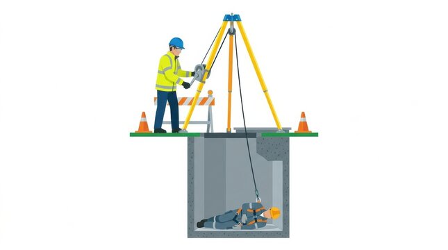 A worker is being rescued from a manhole by another worker using safety gear in an industrial area. The work involves confined space safety.