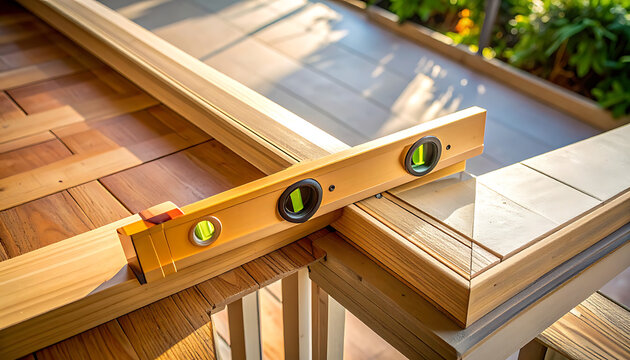 Wooden spirit level on decking boards.