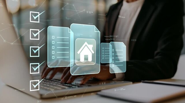 Black businesswoman analyzing digital property compliance management with house icon, real estate documentation, approval workflow, secure records, regulatory verification and business administration