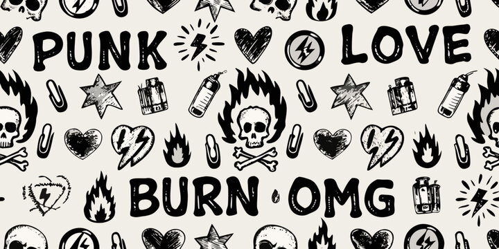 Punk rock doodle pattern with skulls hearts and lettering