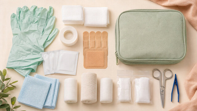 First aid kit with medical supplies and equipment on light background. Essential health care tools for emergency treatment. World First Aid Day preparation and injury prevention concept.