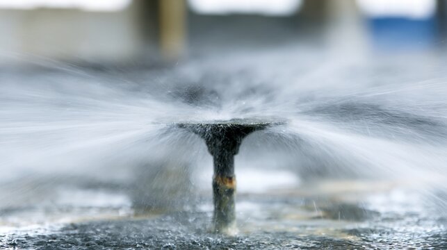Elegent photo of A close-up of a fountain nozzle spraying water mist into the air. This refreshing scene represents themes of garden irrigation or urban landscaping design.