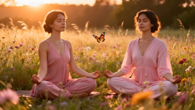 Relax e meditazione nella natura: due ragazze che fanno yoga in un campo fiorito con una farfalla