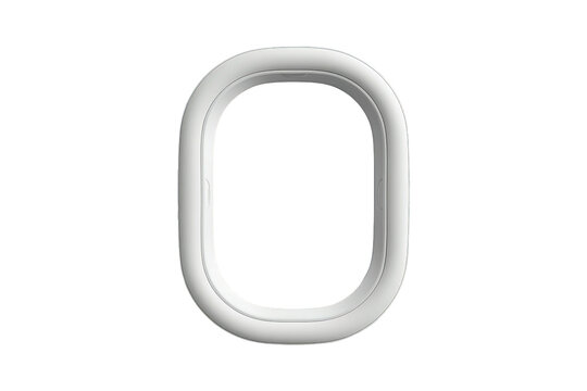Airplane porthole window frame on transparent background, view for travel and aviation concepts, empty space