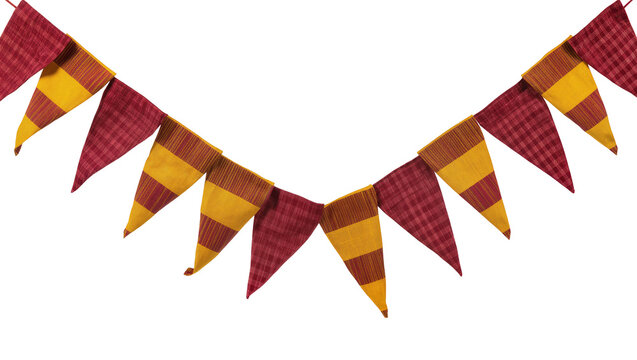 Isolated string of colorful fabric pennant flags, red plaid and yellow striped, festive party decoration