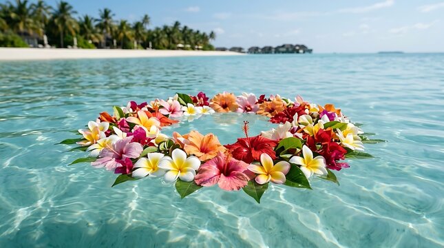 Beautiful Flower Garland Floating on Crystal Clear Tropical Ocean Water.