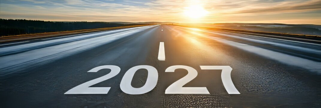 A stunning sunset lights the open road, symbolizing the journey into the promising year 2027.