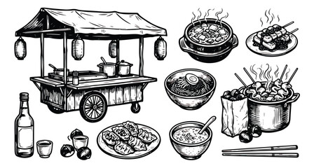 Vintage Japanese street food stall vector set, hand drawn Asian cuisine elements, retro yatai cart with ramen and gyoza illustrations © syedamir