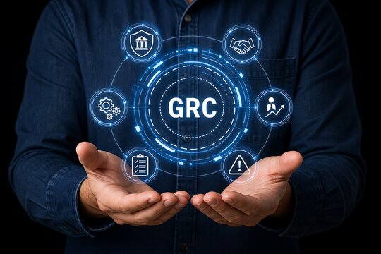 Businessman presenting glowing grc governance risk and compliance concept hologram
