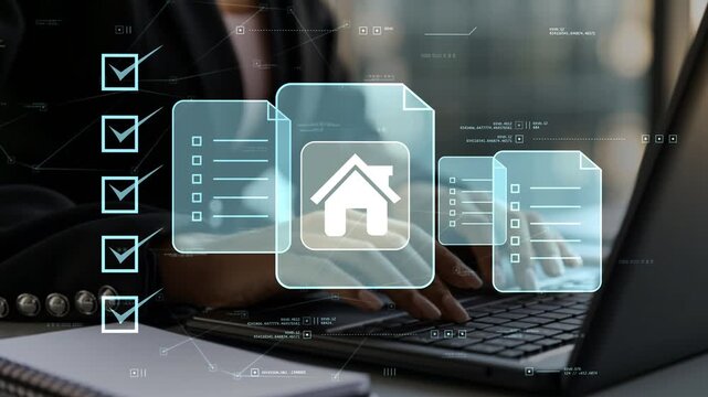 Digital mortgage and home financing process with house icon, loan documents, approval checklist, property financing workflow and secure banking administration