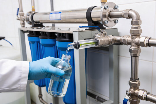 Laboratory technician collecting purified water sample from filtration system