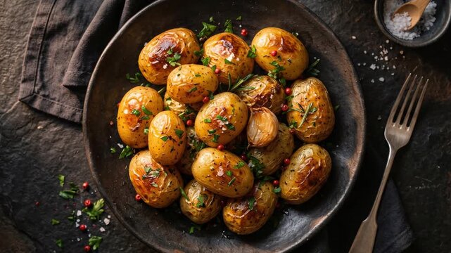 Roasted baby potatoes with herbs and garlic in rustic black bowl, top view. Baked potato flat lay on dark table. Homemade vegetarian cooking and healthy diet concept